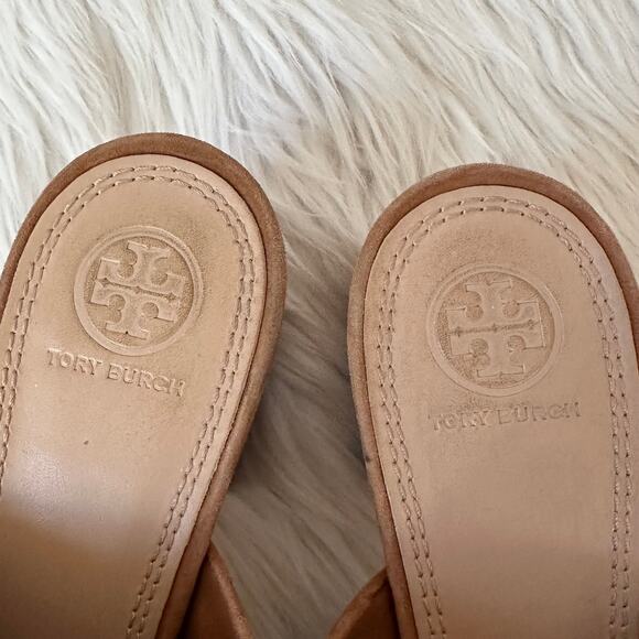 Tory Burch Salinas Mule Suede Leather Open Toe Block Heel Sandals, Tan - Picture 7 of 11